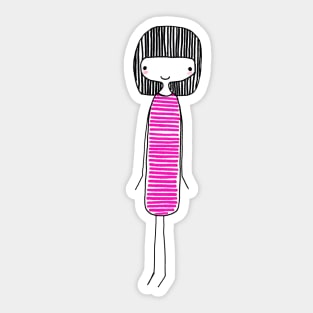 CUTE GIRL WITH BLACK HAIR IN PINK DRESS - Line Drawing Sticker